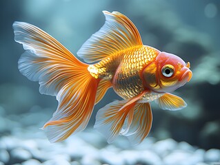 Wall Mural - Captivating Goldfish with Extravagant Fins in Serene Aquarium Setting