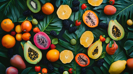 Wall Mural - An assortment of colorful ripe tropical fruits is showcased from a top view.