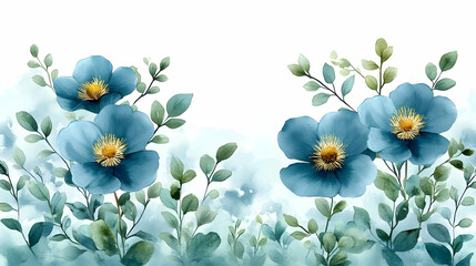 Wall Mural - teal watercolor flowers, leaves, and foliage border; white background; for website banners, greeting