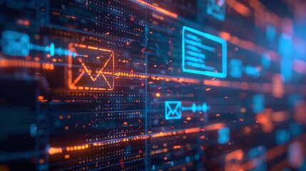 Futuristic digital technology background with dark neon glowing and illuminated server network and data elements  Abstract digital in 3D render style