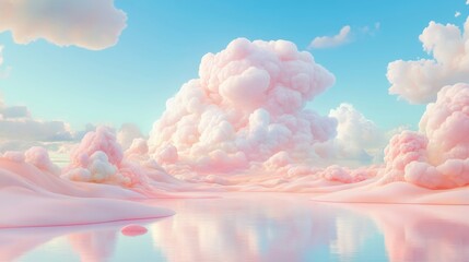 Wall Mural - a pink sky with fluffy clouds and a river in the foreground