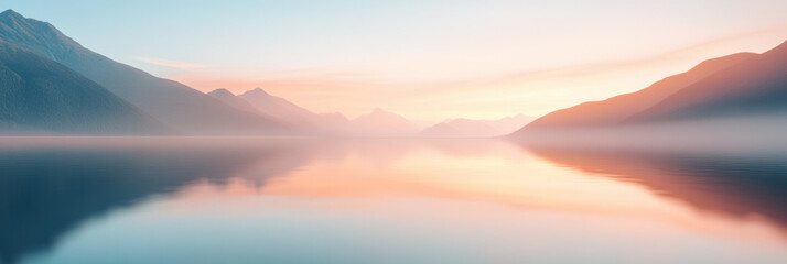 Poster - serene lake at sunrise, surrounded by mountains and soft pastel colors. calm water reflects beautiful landscape, creating peaceful atmosphere