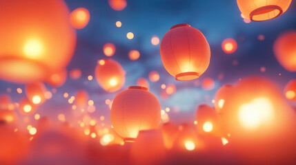 Poster - Floating lanterns illuminate night sky, creating magical atmosphere filled with warmth and wonder