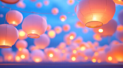 Poster - Colorful lanterns illuminate serene night sky, creating magical atmosphere