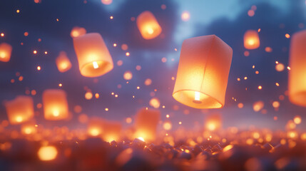 Poster - Floating lanterns illuminate night sky, creating magical atmosphere filled with warmth and wonder