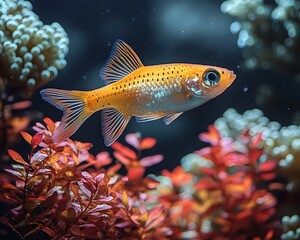 Wall Mural - Celestial Pearl Danio Swimming Amidst Glowing Bioluminescent Aquatic Plants in Serene Underwater Setting
