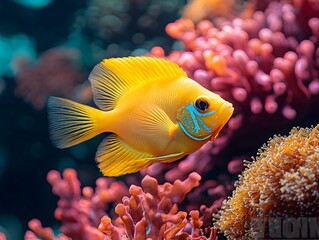 Wall Mural - Bright Yellow Tang Fish Gliding Through Vibrant Coral Marine Aquarium