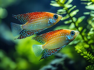 Wall Mural - Pair of Vibrant Pearl Gouramis Swimming Peacefully in Ornamental Aquarium Scene