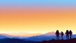© chusnul - Silhouetted hikers against a colorful sunset in a mountainous landscape.