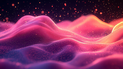 Wall Mural - Abstract pink and orange glowing wave landscape with particles.