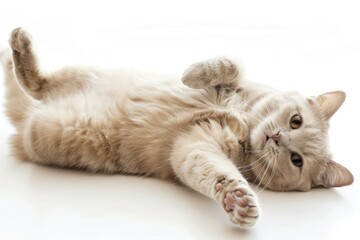 Wall Mural - A Beige Cat Lies on Its Back, Playing and Rolling Around, with an Isolated White Background