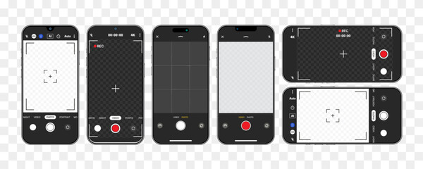 Smartphone Camera Interface: Photo and Video UI for Mobile Apps. Viewfinder, Grid, Focus, and Record Buttons. Vector Mockup for Photography and Selfies. Vector.