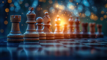 Wooden chess pieces lined up on a chessboard ready for play.