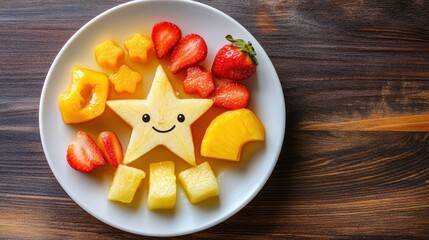 Colorful fruit and vegetable star-shaped arrangement on a white plate.