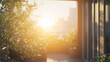© jolly - Sunset view from a modern balcony with blooming plants.