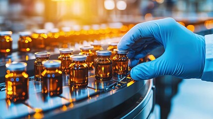 Hand in Blue Glove Picking Up Small Amber Vaccine Bottles on Production Line