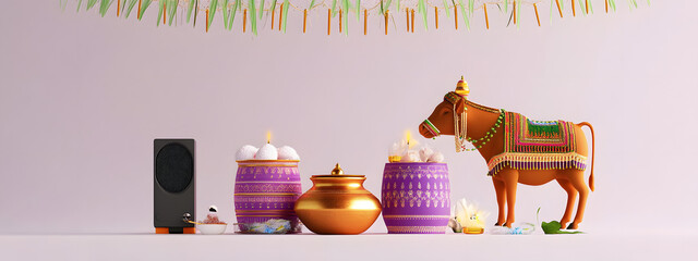 Canvas Print - product display, pongal festival in white background with pongal pot, sugar can, bull, speaker, diya and tradition design, 3d render