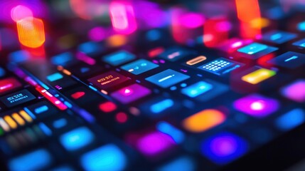 Neon Digital Interface: A Close-Up of Vibrant App Icons and Controls