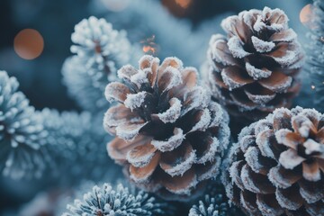 Wall Mural - frozen pine cones covered with frost create winter wonderland ambiance