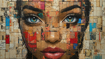 Wall Mural - Close-up of a mosaic portrait of a woman's face.