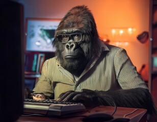 A gorilla sitting at a desk with a laptop. Suitable for business concepts. Generated image