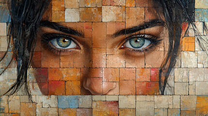 Wall Mural - Close-up of a woman's captivating eyes, artfully rendered in a mosaic tile style.