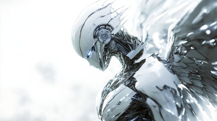 Chrome Angelic Figure with Blue Glowing Eyes and Metallic Wings in a Bright Cloudy Sky