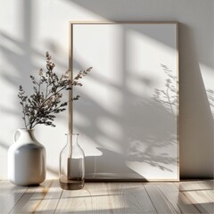 Fototapete - A mockup featuring a single A4-sized vertical frame prominently displayed. The frame is positioned on a sleek, minimalist wooden surface with a clean, neutral background.
