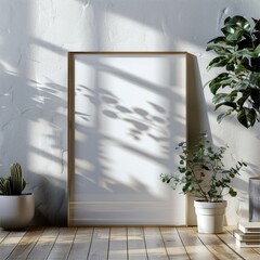 Fototapete - A mockup featuring a single A4-sized vertical frame prominently displayed. The frame is positioned on a sleek, minimalist wooden surface with a clean, neutral background.