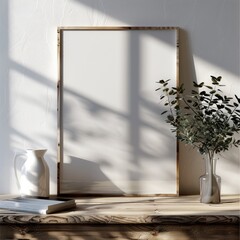 Fototapete - A mockup featuring a single A4-sized vertical frame prominently displayed. The frame is positioned on a sleek, minimalist wooden surface with a clean, neutral background.
