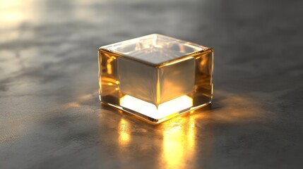 Illuminated glass cube on dark surface, glowing interior, abstract background, product display