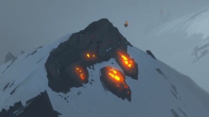 Sticker - Dark, rocky, snowy mountain peak with glowing orange flames.