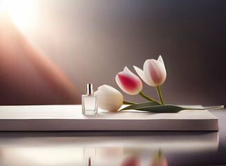 Wall Mural - A clear glass perfume bottle rests on a white surface beside three spring tulips, bathed in soft light.  The scene evokes freshness and springtime fragrance.