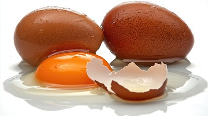 Egg white, egg yolk and an eggshell. Cracked chicken egg, raw. Two brown eggs. Protein