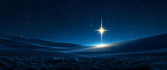 Wall Mural - bright shining star of bethlehem on dark blue starry night sky. star of jesus, christmas star. nativ