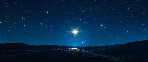 bright shining star of bethlehem on dark blue starry night sky. star of jesus, christmas star. nativ