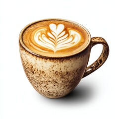 Delicious latte art coffee in a rustic cup, white isolated background.