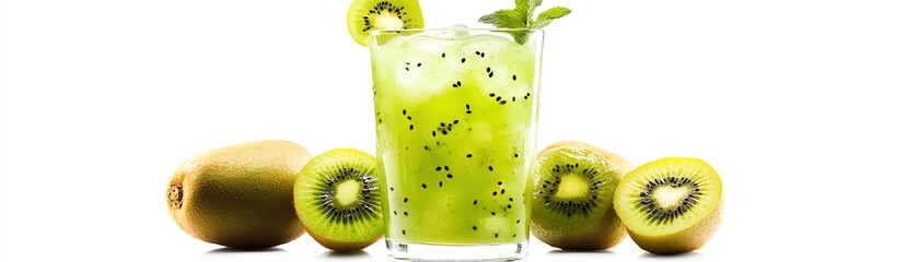 Refreshing kiwi cocktail with fresh fruit, white isolated background.