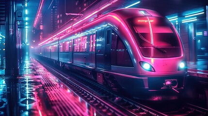 Aufkleber - Neon dark gradient color train in city, night scary atmosphere.