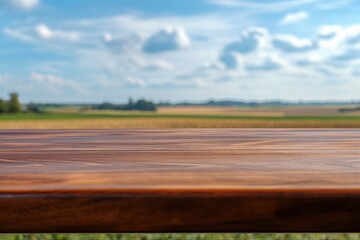 Rustic wood table, rural landscape, sunny day, product display