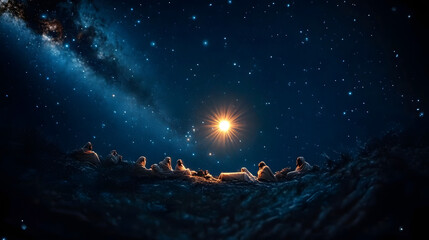 Wall Mural - bright shining star of bethlehem on dark blue starry night sky. star of jesus, christmas star. nativ