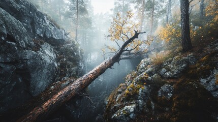 Wall Mural - Fallen log in a misty mountain forest, autumnal colors.