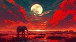 © FiDIO - A surreal landscape features a glowing elephant under a full moon, set against a fiery red backdrop. The vivid colors create an otherworldly feeling.
