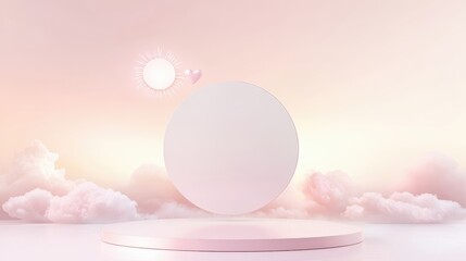 Wall Mural - a white circle is on a pink background with clouds in the sky