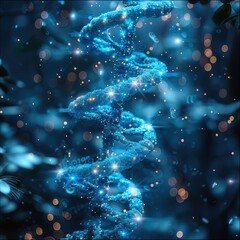 Leinwandbilder - A DNA double helix made of glass, in a turquoise color with blue lights and sparkles. In the background is a dark teal hue.
