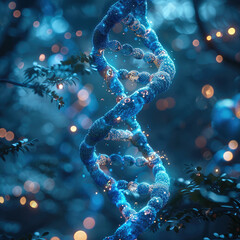 Leinwandbilder - A DNA double helix made of glass, in a turquoise color with blue lights and sparkles. In the background is a dark teal hue.