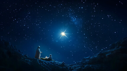 Wall Mural - bright shining star of bethlehem on dark blue starry night sky. star of jesus, christmas star. nativ
