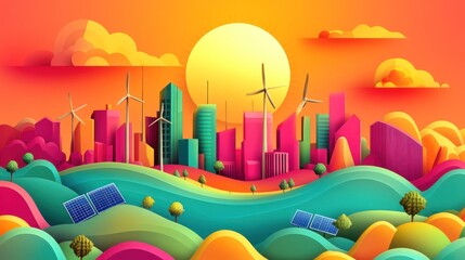 Wall Mural - Sustainable city sunset, wind, solar energy