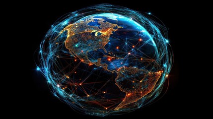 Global network connections, digital earth, glowing nodes, dark background, technology concept