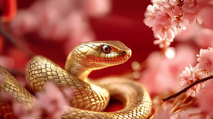 Wall Mural - beautiful golden wavy snake on red background with cherry blossom flowers and asian lanterns. happy 